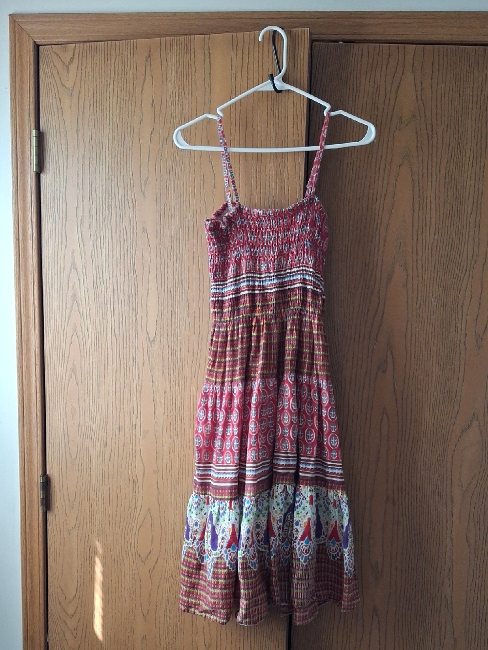 Boho Tiered Smocked Sun Dress in Red Multi